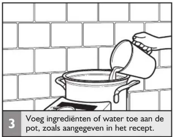 3 Voeg ingrediënten of water toe aan de pot, zoals aangegeven in het recept.