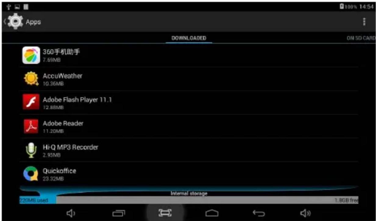Apps DOWNLOADED ON SD CARD 360手机助手 7.69MB AccuWeather 10.36MB Adobe Flash Player 11.1 12.88MB Adobe Reader 11.20MB Hi-Q MP3 Recorder 2.95MB Quickoffice 23.32MB Internal storage 220MB used 1.8GB free