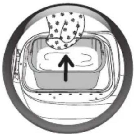 Illustration of a hand washing clothes inside a washing machine, with an upward arrow indicating motion (no text or symbols)