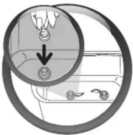 Diagram showing a hand holding a coin with a downward arrow, indicating a process or action in a circular frame.