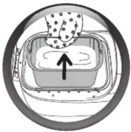 Diagram of a kitchen sink with a cloth and upward arrow indicating a process (no text or symbols)