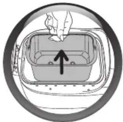 Diagram of a hand placing a cup into a rectangular basin, with an upward arrow indicating motion (no text or symbols present)