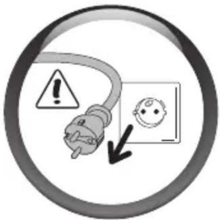 Safety warning symbol showing a plug with warning sign and a warning icon, indicating electrical hazard or accident.