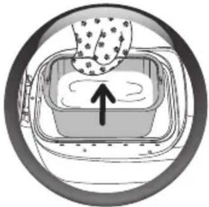 Illustration of a hand washing clothes inside a washing machine, with an upward arrow indicating motion (no text or symbols)
