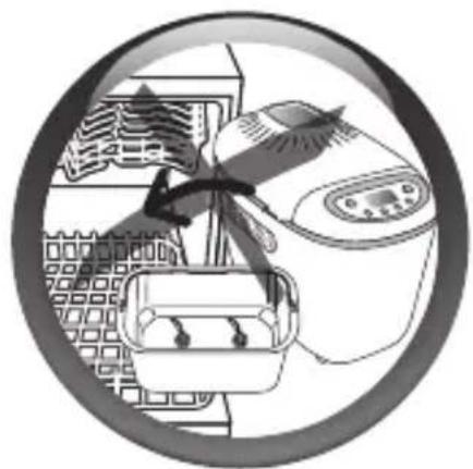 Illustration of kitchen utensils and a microwave oven in a circular frame (no text or symbols)
