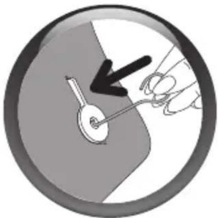 Diagram showing a hand holding a tool inside a circular frame, with a lightning bolt and curved arrow indicating action (no text or symbols)