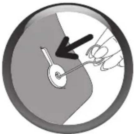 Diagram showing a hand holding a tool with a lightning bolt, pointing at a circular object (no text or symbols)
