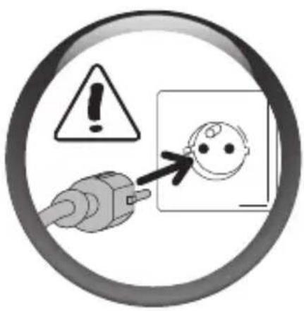 Warning symbol showing an electrical plug pointing to a baby inside a safety box, with an exclamation mark and warning triangle.