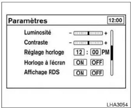 Paramètres 12:00 Luminosité - + + Contraste - + + Réglage horloge 12 : 00 PM Horloge à l'écran ON OFF Affichage RDS ON OFF LHA3054