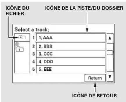 ICÔNE DU FICHIER Select a track; 1, AAA 2, BBB 3, CCC 4, DDD 5, EEE ICÔNE DE LA PISTE/DU DOSSIER Return ICÔNE DE RETOUR