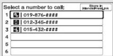 Select a number to call: 1 | 019-876-### 2 | 012-345-### 3 | 015-432-### 4 5 6 Store in HandsFreeLink