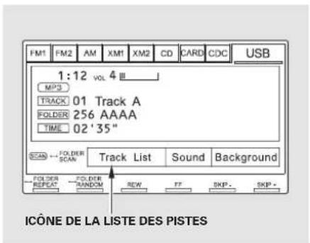 FM1 FM2 AM XM1 XM2 CD CARD CDC USB 1:12 VOL 4 MP3 TRACK 01 Track A FOLDER 256 AAAA TIME 02'35" SCAN → FOLDER SCAN Track List Sound Background FOLDER REPEAT FOLDER RANDOM REV FF SKIP - SKIP + ICÔNE DE LA LISTE DES PISTES