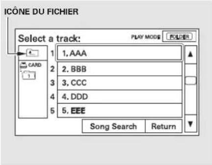 ICÔNE DU FICHIER Select a track: PLAY MODE FOLDER 1. AAA 2. BBB 3. CCC 4. DDD 5. EEE Song Search Return