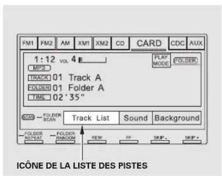 FM1 FM2 AM XM1 XM2 CD CARD CDC AUX 1:12 vol 4 MP3 TRACK 01 Track A FOLDER 01 Folder A TIME 02 '35" SCAN - FOLDER SCAN Track List Sound Background FOLDER FOLDER REPEAT RANDOM REV FF SKIP + SKIP + ICÔNE DE LA LISTE DES PISTES