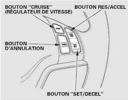 BOUTON "CRUISE" (RÉGULATEUR DE VITESSE) BOUTON RES/ACCEL BOUTON D'ANNULATION BOUTON "SET/DECEL"