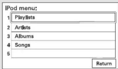 iPod menu: 1 Playlists 2 Artists 3 Albums 4 Songs 5 Return