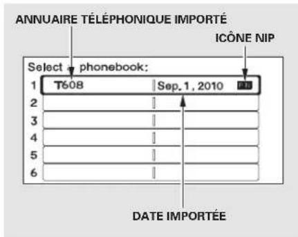 ANNUAIRE TÉLÉPHONIQUE IMPORTÉ Select phonebook: 1 T608 Sep. 1, 2010 2 3 4 5 6 ICÔNE NIP DATE IMPORTÉE