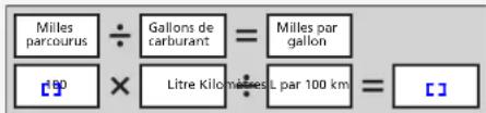 Miles parcourus ÷ Gallons de carburant = Milles par gallon [30] × Litre Kilomères L par 100 km = [ ]