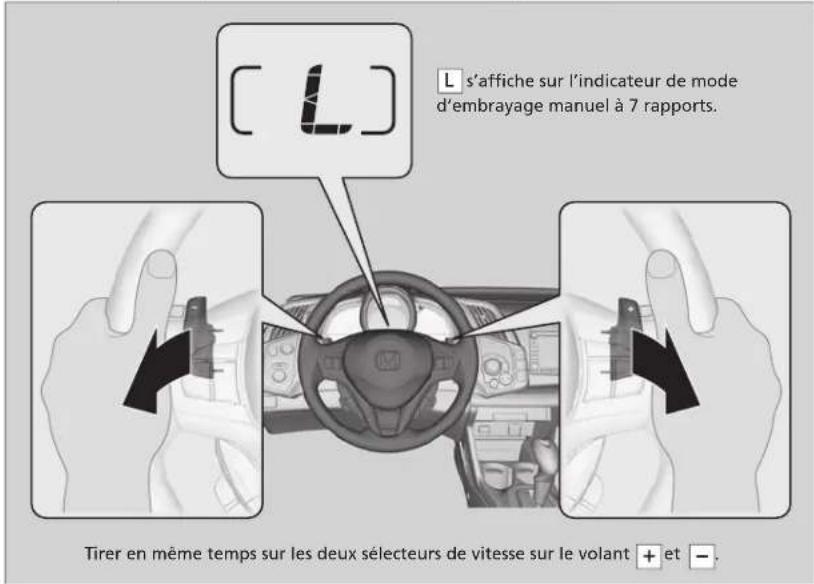 L s'affiche sur l'indicateur de mode d'embrayage manuel à 7 rapports. Tirer en même temps sur les deux sélecteurs de vitesse sur le volant + et -
