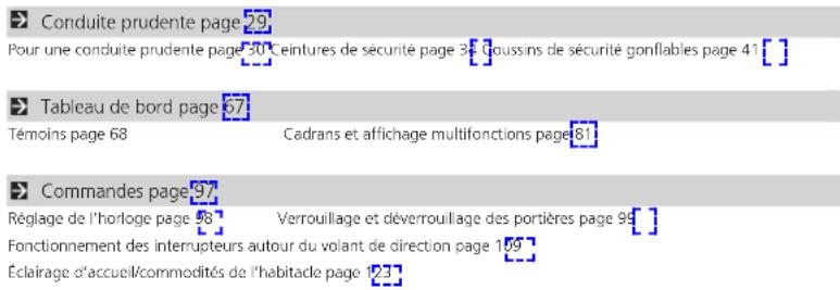Conduite prudente page 29 Pour une conduite prudente page 30 Ceintures de sécurité page 34 Goussins de sécurité gonflables page 41 [ ] Tableau de bord page 67 Témoins page 68 Cadrans et affichage multifonctions page 81 Commandes page 97 Réglage de l'horloge page 98 Verrouillage et déverrouillage des portières page 99 [ ] Fonctionnement des interrupteurs autour du volant de direction page 109 Éclairage d'accueil/commodités de l'habitude page 123