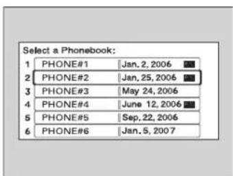 Select a Phonebook: 1 PHONE#1 Jan. 2, 2006 2 PHONE#2 Jan. 25, 2006 3 PHONE#3 May 24, 2006 4 PHONE#4 June 12, 2006 5 PHONE#5 Sep. 22, 2006 6 PHONE#6 Jan. 5, 2007