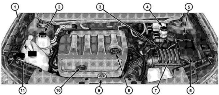 Labeled diagram of a car engine bay with numbered parts for identification