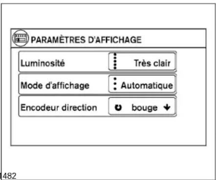 PARAMÈTRES D'AFFICHAGE Luminosité : Très clair Mode d'affichage : Automatique Encodeur direction : bouge ↓