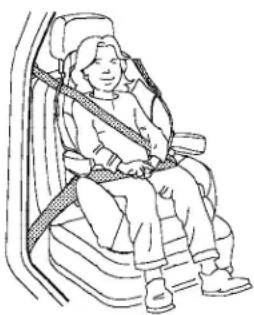 Line drawing of a person seated in a car seat using a seatbelt (no text or symbols)