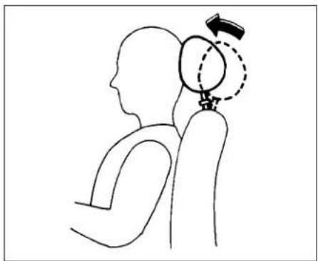 Line drawing of a human head and arm with a hand holding a balloon, showing motion direction (no text or symbols)