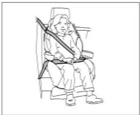 Line drawing of a person seated in a chair wearing a seatbelt and holding a long object (no text or symbols)