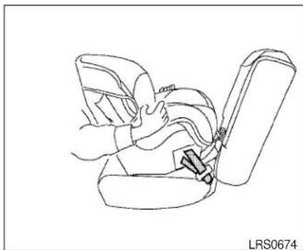 Line drawing of a person using a seatbelt to adjust the seat (no text or symbols)
