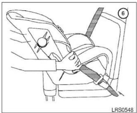 Line drawing of a car seatbelt with hands adjusting the seatbelt (no text or symbols)