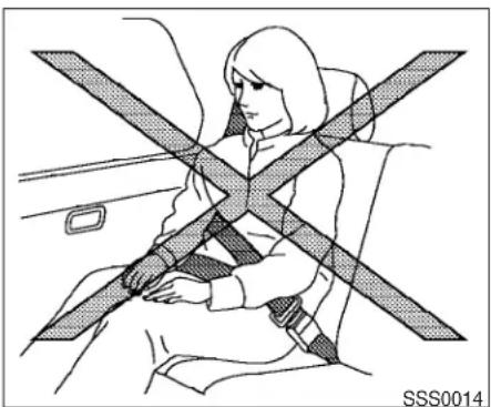 Line drawing of a person sitting inside a car with a cross-shaped seatbelt (no text or symbols)
