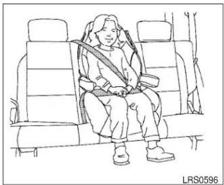 Line drawing of a person seated in a car seat, wearing a seatbelt and holding a belt (no text or symbols)