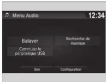 Menu Audio 12:34 Balayer Commuter le périphérique USB Recherche de musique Son Configuration