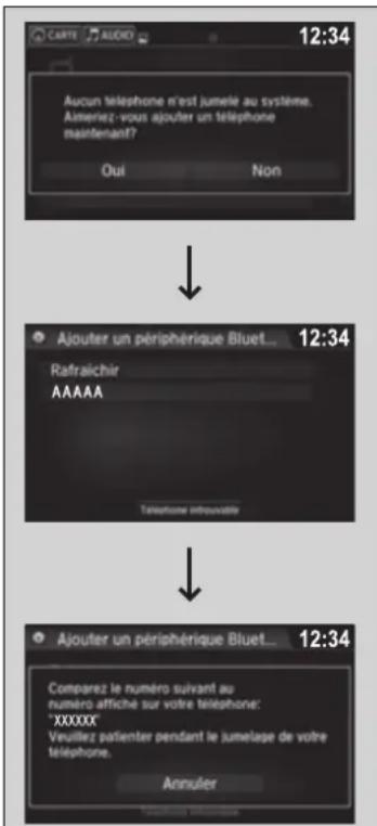 Aucun téléphone n'est juméle au système. Ameriez-vous ajouter un téléphone maintenant? Oui Non Ajouter un périphérique Bluet... Rafraichir AAAAA Telephone introduvable Ajouter un périphérique Bluet... Comparez le numéro suivant au numéro affiché sur votre téléphone: "XXXXX" Veuillez patienter pendant le jumelage de votre telephone. Annuler