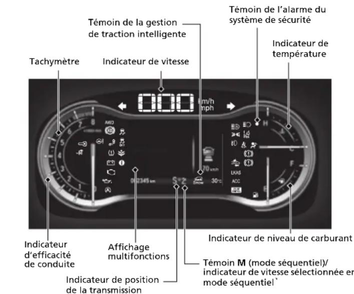 Témoin de la gestion de traction intelligente Tachymètre Indicateur de vitesse 0000 km/h mph Indicateur de l'alarme du système de sécurité Indicateur de température Indicateur d'efficacité de conduite Affichage multifonctions Indicateur de position de la transmission 30°C Indicateur de niveau de carburant Témoin M (mode séquentiel)/ indicateur de vitesse sélectionnée en mode séquentiel*