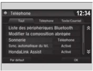 TéléPHONE 12:34 Tout TéléPHONE Texte/Courriel Liste des périphériques Bluetooth Modifier la composition abrégée Sonnerie Téléphone Sync. automatique du tél. Active HondaLink Assist Active Par défaut OK