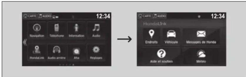 12:34 CARTÉ AUDIO Navigation Telephone Information Audio Link RandaLink Audio-arrière Alta Repluses HomeLink Endrofts Véhicule Messages de Honda Aider et soufliem Méléo 12:34