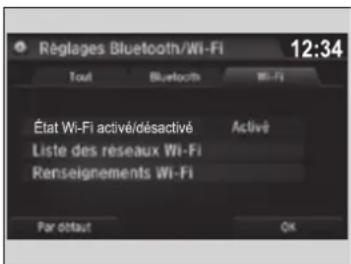Réglages Bluetooth/Wi-Fi 12:34 Tout Bluetooth Wi-Fi État Wi-Fi activé/désactivé Activé Liste des réseaux Wi-Fi Renseignements Wi-Fi Par oîtaut OK