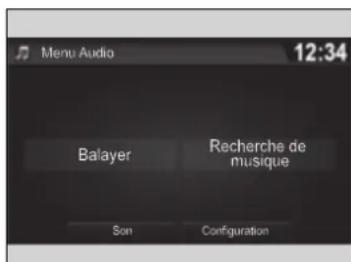 Menu Audio 12:34 Balayer Recherche de musique Son Configuration