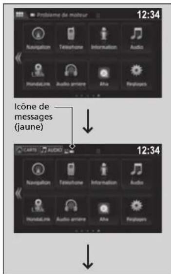 Problème de maîneur 12:34 Navigation Telephone Information Audio Mondala Audio amère Aha Preplays Icône de messages (jaune) 12:34 CAPTS AUDIO Navigation Telephone Information Audio Mondala Audio amère Aha Preplays