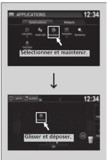 APPLICATIONS 12:34 Applications Widgets Cancélure B Bouté USB Bouté USB Papiere Papiere Papiere Térêmes Sélectionner et maintenir. ↓ CARTI AUDIO 12:34 Glisser et déposer.