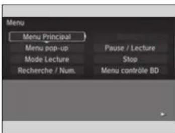 Menu Menu Principal Menu pop-up Mode Lecture Recherche / Num. Pause / Lecture Stop Menu contrôle BD