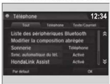 12:34 Tout Telephone Texte/Courne! Liste des périphériques Bluetooth Modifier la composition abrégée Sonnerie Telephone Sync. automatique du Nél. Active HondaLink Assist Active Par d'état OK