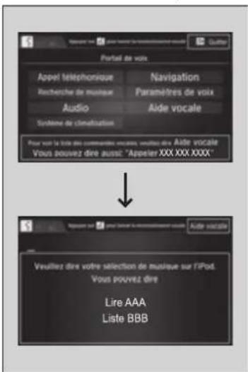 Portal de voix Appel téléphonique Recherche de musique Audio Système de clavatisation Navigation Paramètres de voix Aide vocale Pour vue la title des commandes voules, veuilles d'e Aide vocale Vous pouvez dire aussi: "Appeler XXX XXX XXXX" Veuillez dire votre sélection de musique sur l'IPot. Vous pouvez dire Lire AAA Liste BBB