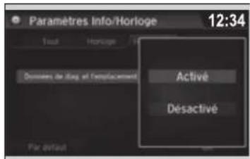 Paramètres Info/Horloge 12:34 Tout Horloge Domains de llog et emplacement Active Désactivé Par detaut