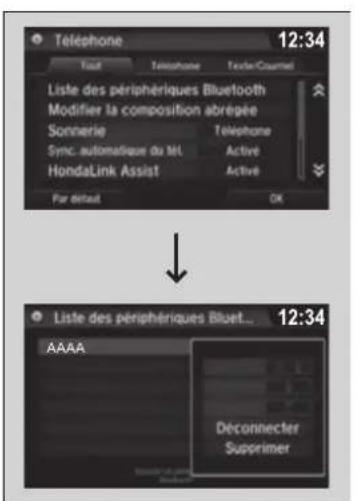Telephone 12:34 Tout Telephone Texter/Courtel Liste des périphériques Bluetooth Modifier la composition abrégée Sonnerie Téléphone Sync. automatique du Ml. Active HondaLink Assist Active Par défaut OK Liste des périphériques Bluet... 12:34 AAAA Déconnecter Supprimer