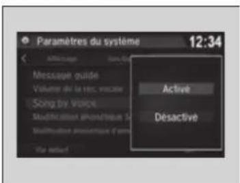 Paramètres du système 12:34 Message guide Volume de la risc. veise Song by Voice Modifiatien amontique 14 Modifiatien amontique d'arm Active Desactive