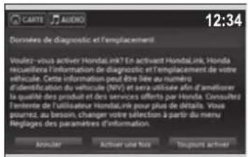 12:34 Dorsées de diagnostic et l'emplacement Voûlez-vous activer Hondai ink? En activeré Hondai ink, Honda recouitérée l'information de diagnostic et l'emplacement de votre véticule. Cette information peut être lieu au numéro d'identification du véhicule (NIV) et sera utilisee afin d'améliorer la qualité des produits et des services offerts par Honda. Consultes l'entre de l'utilisateur Hondai ink pour plus de détails. Vous pourrez, au besoin, changer votre sélection à partir du menu Réglages des paramètres d'information. Annulier Activer une Note Toupants activer
